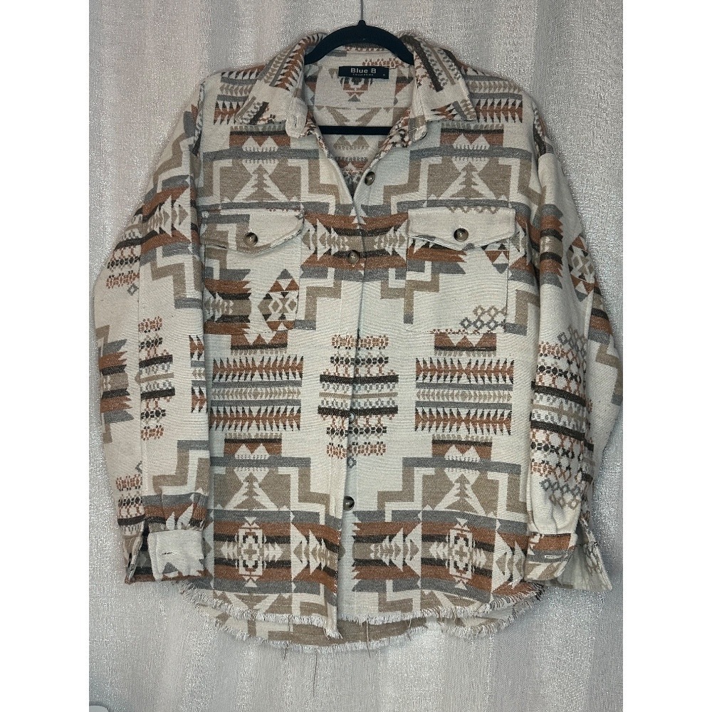 Blue B Aztec Print Fringed Shacket Western Style Button Down Shirt